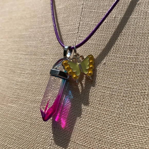 Handmade Cotton Candy Crystal Amulet Necklace & Enamel Butterfly Charm - Picture 8 of 8